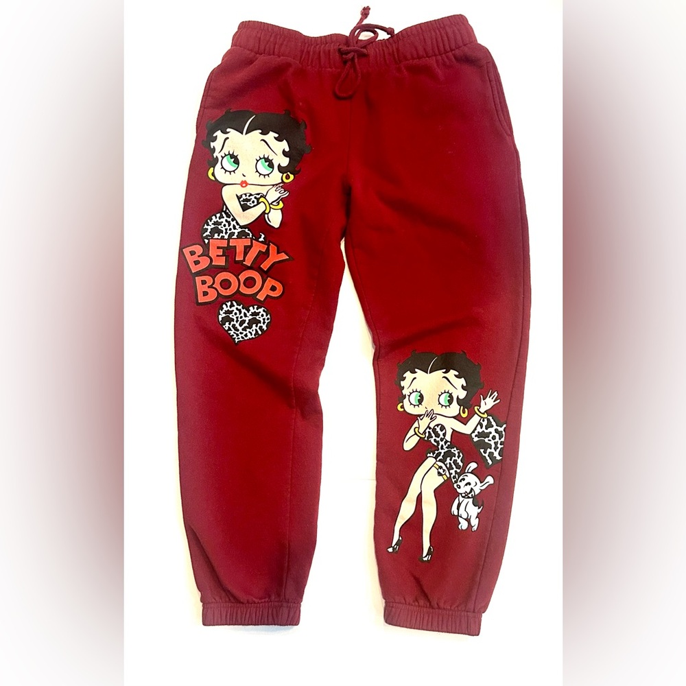 Betty Boop Graphic Burgundy Elastic Drawstring Joggers w/Pockets size L 11/13 - Picture 7 of 9